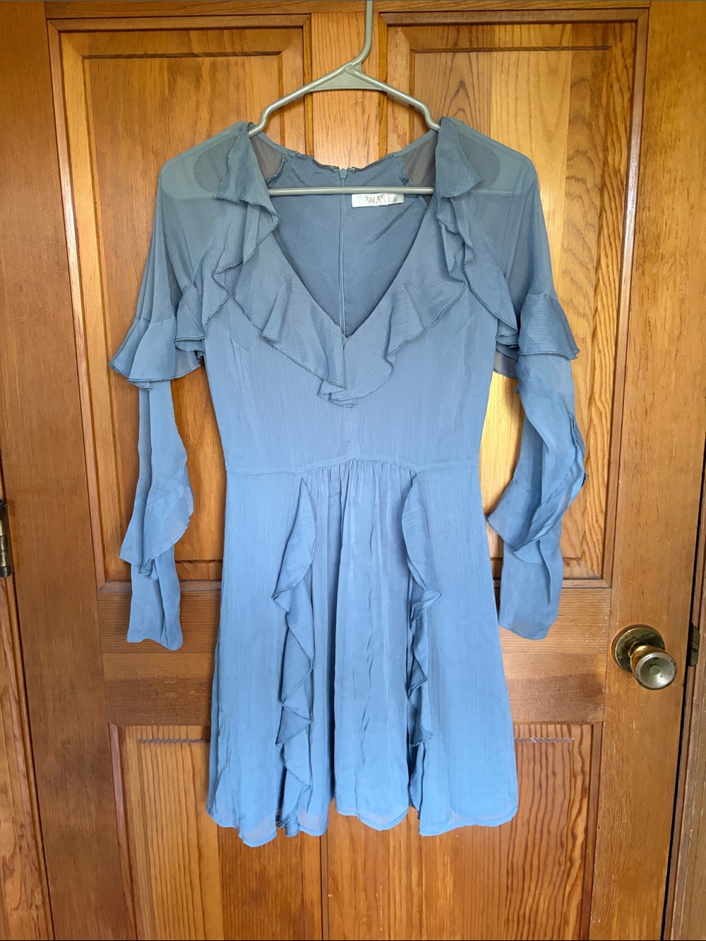 Wayf Dusty Blue Ruffle V-Neck Long Sleeve Dress